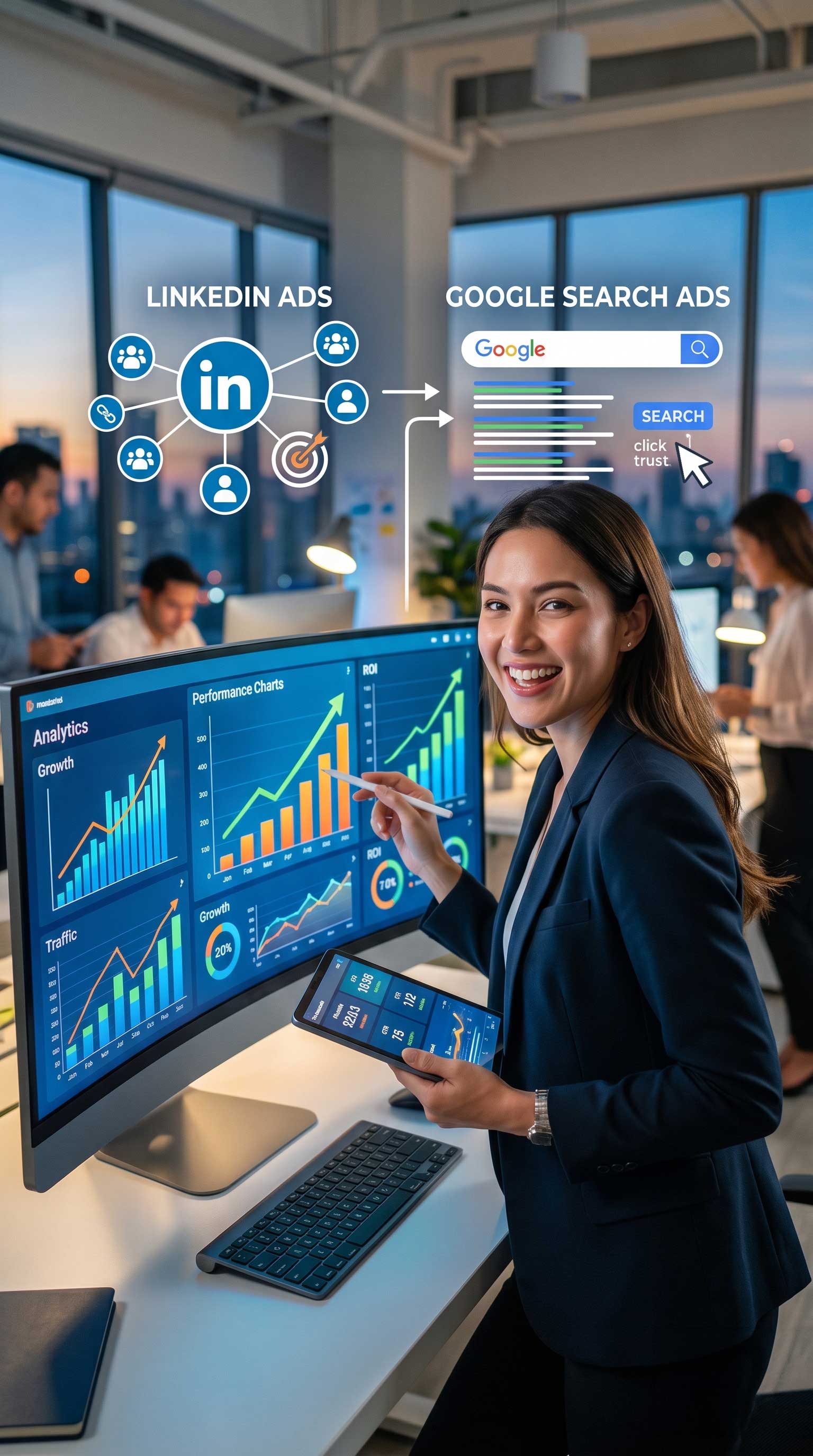 Marketer showing growth charts for LinkedIn and Google Search Ads, a key 2026 B2B digital strategy.