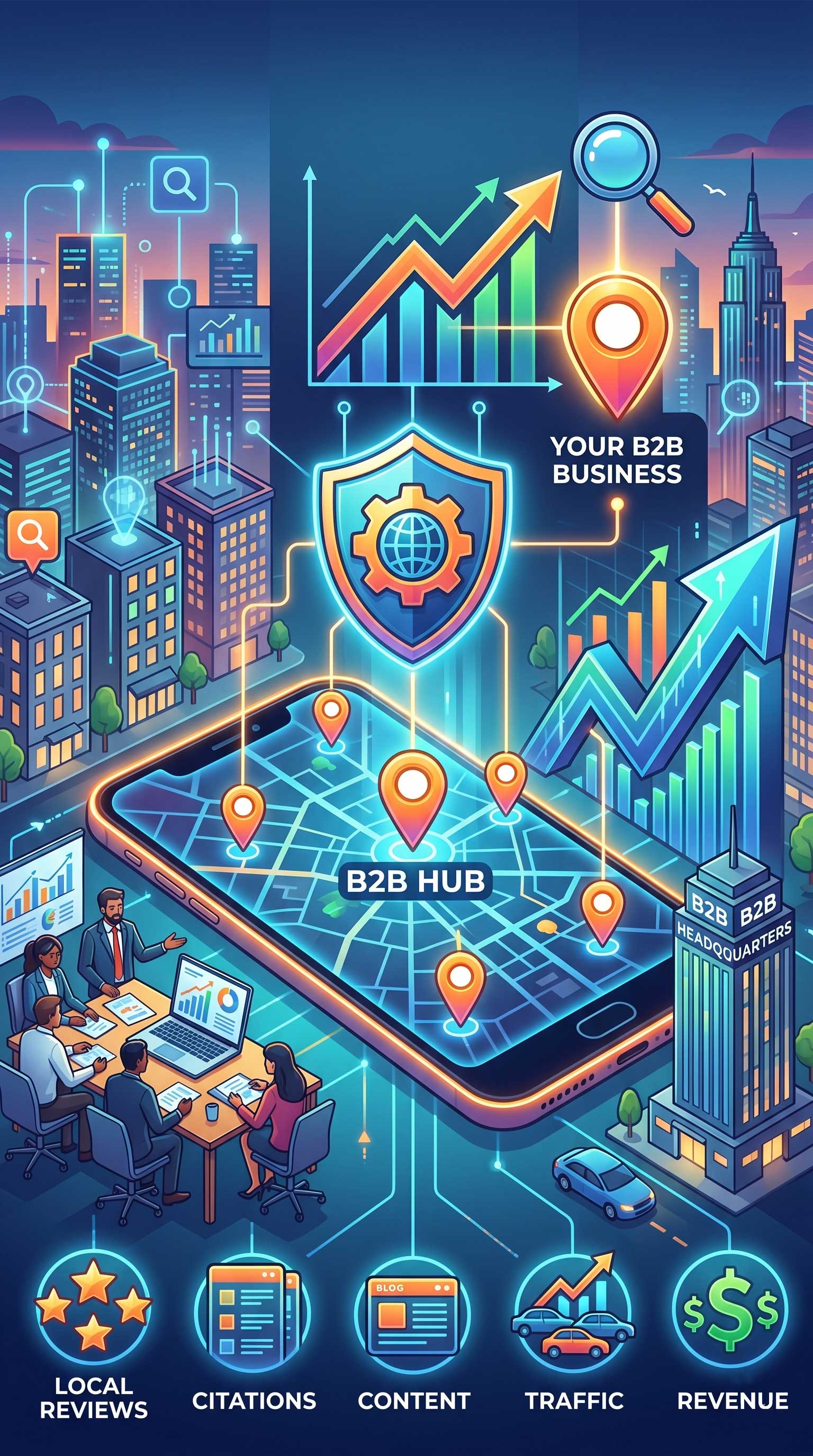Digital illustration of a B2B business hub showing SEO, reviews, and content driving 2026 growth