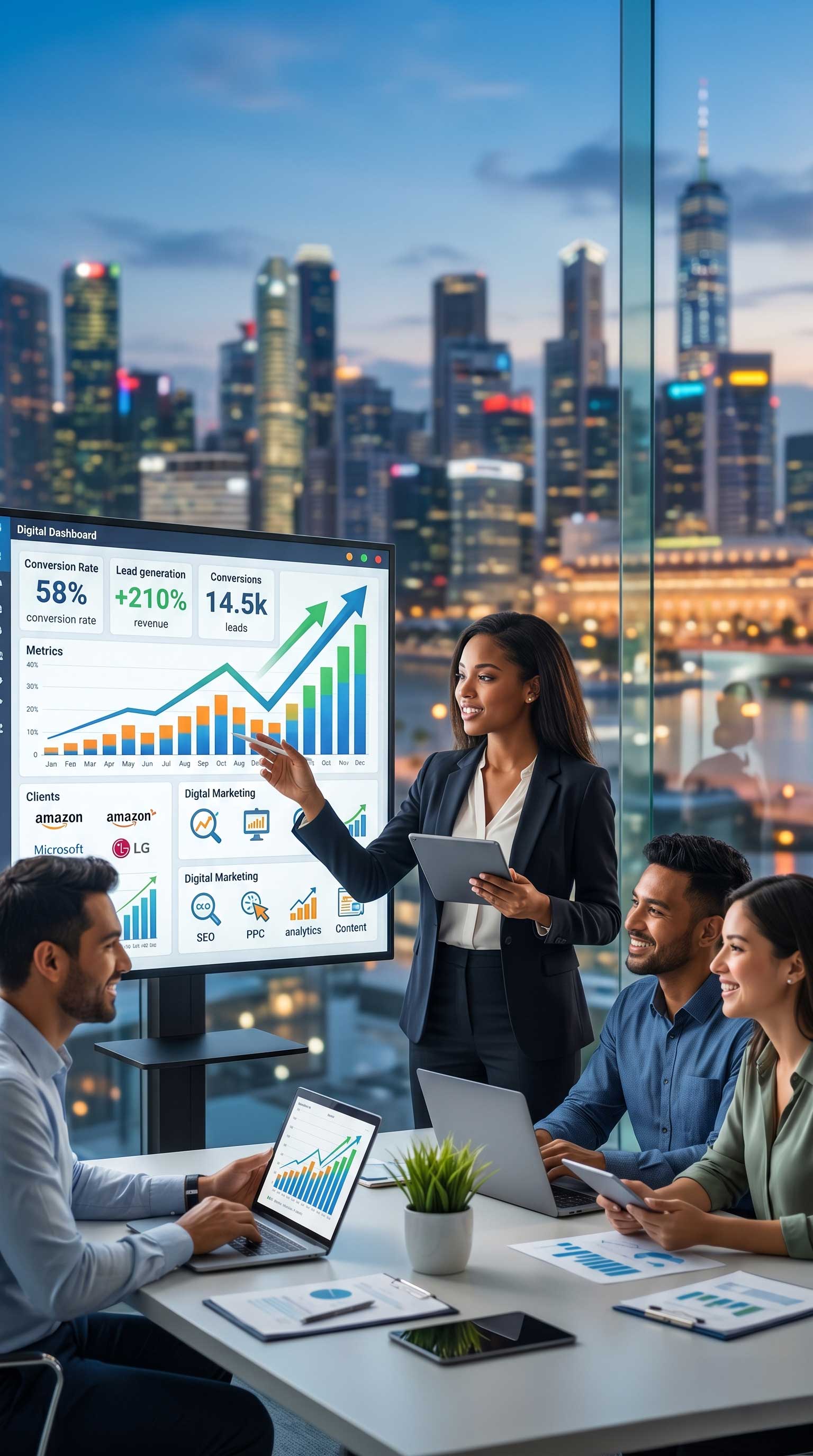 Marketing professionals reviewing a dashboard showing 210% lead gen growth for B2B digital strategy.