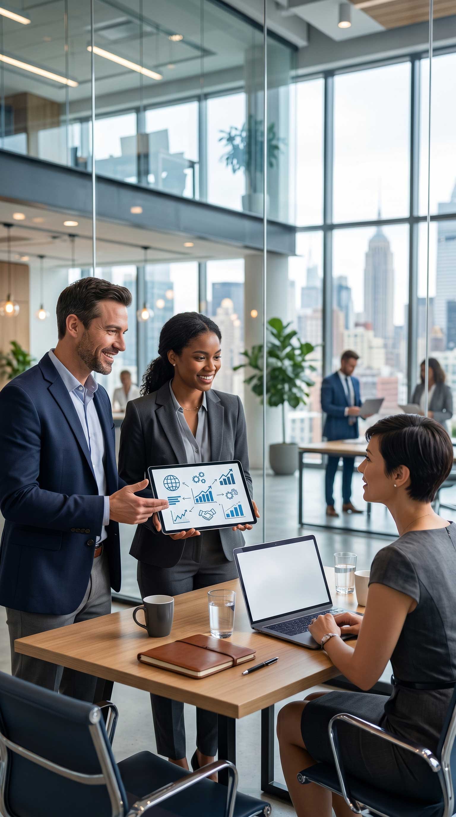 A professional team presents data-driven growth strategies during a B2B sales consultation in New York.