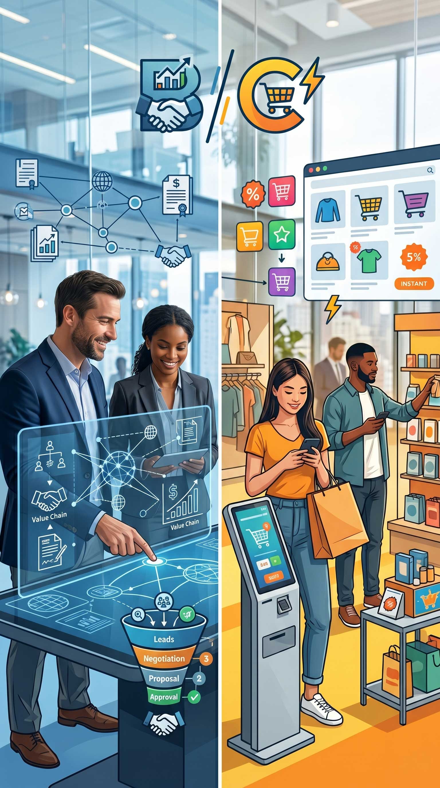 A split-screen comparison highlighting the strategic differences between B2B relationship building and B2C consumer transactions.