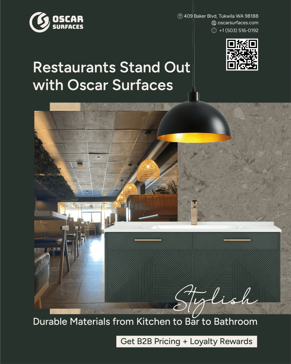 An advertisement for Oscar Surfaces with the headline 'Restaurants Stand Out with Oscar Surfaces.'