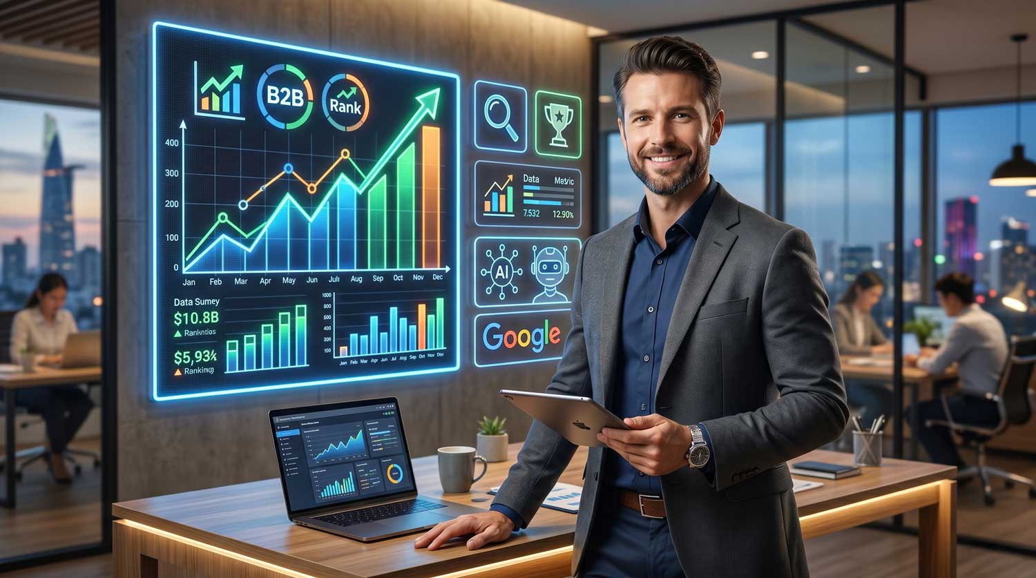 A professional B2B SEO consultant analyzing data growth metrics to drive qualified leads for businesses.