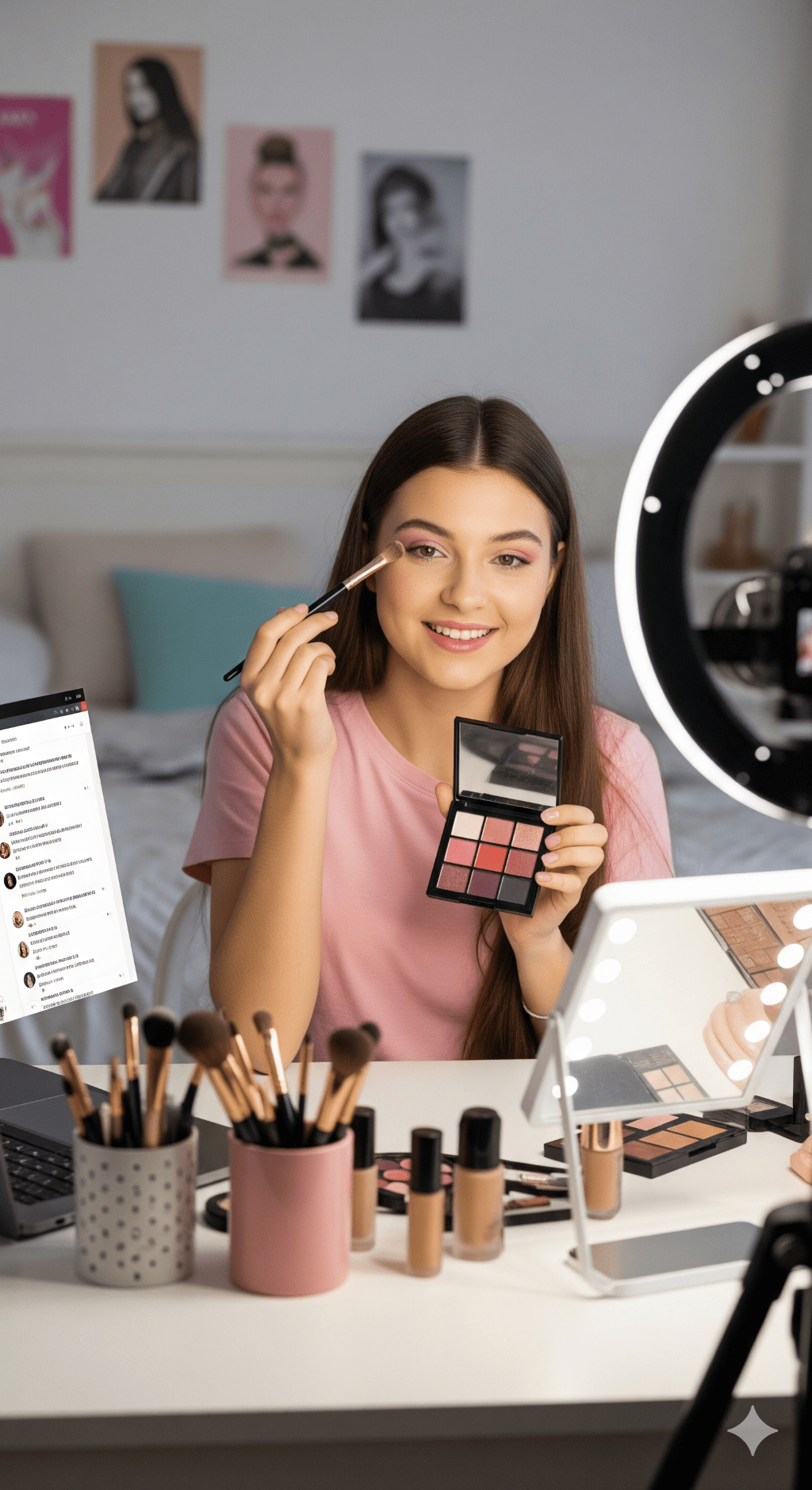 A female beauty vlogger sits at her desk in front of a ring light, applying makeup and holding an eyeshadow palette while filming a tutorial.