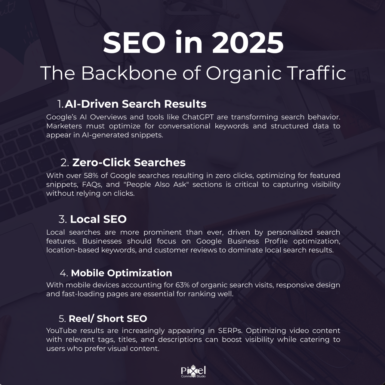 An infographic titled 'SEO in 2025: The Backbone of Organic Traffic,' listing five trends: AI-Driven Search Results, Zero-Click Searches, Local SEO, Mobile Optimization, and Reel/Short SEO.