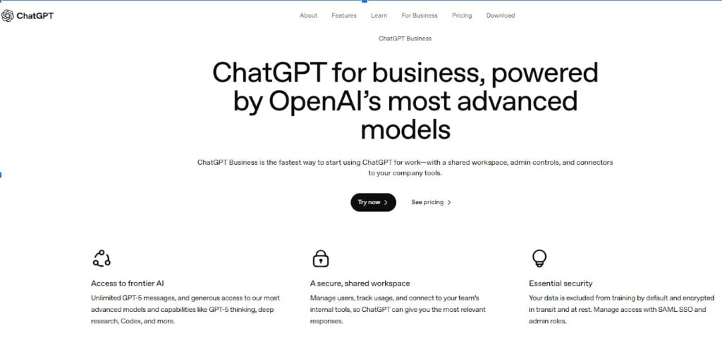 The landing page for ChatGPT Business, detailing its main features: access to frontier AI, a secure shared workspace, and essential security.