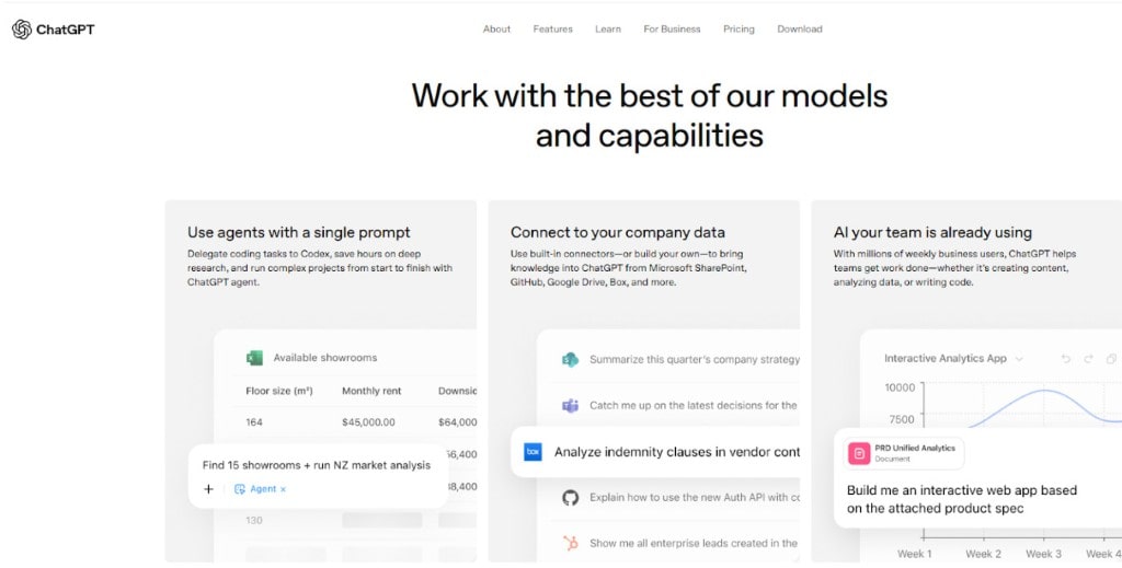 Screenshot of the ChatGPT website showcasing its advanced capabilities, including using agents with a single prompt and connecting to company data.