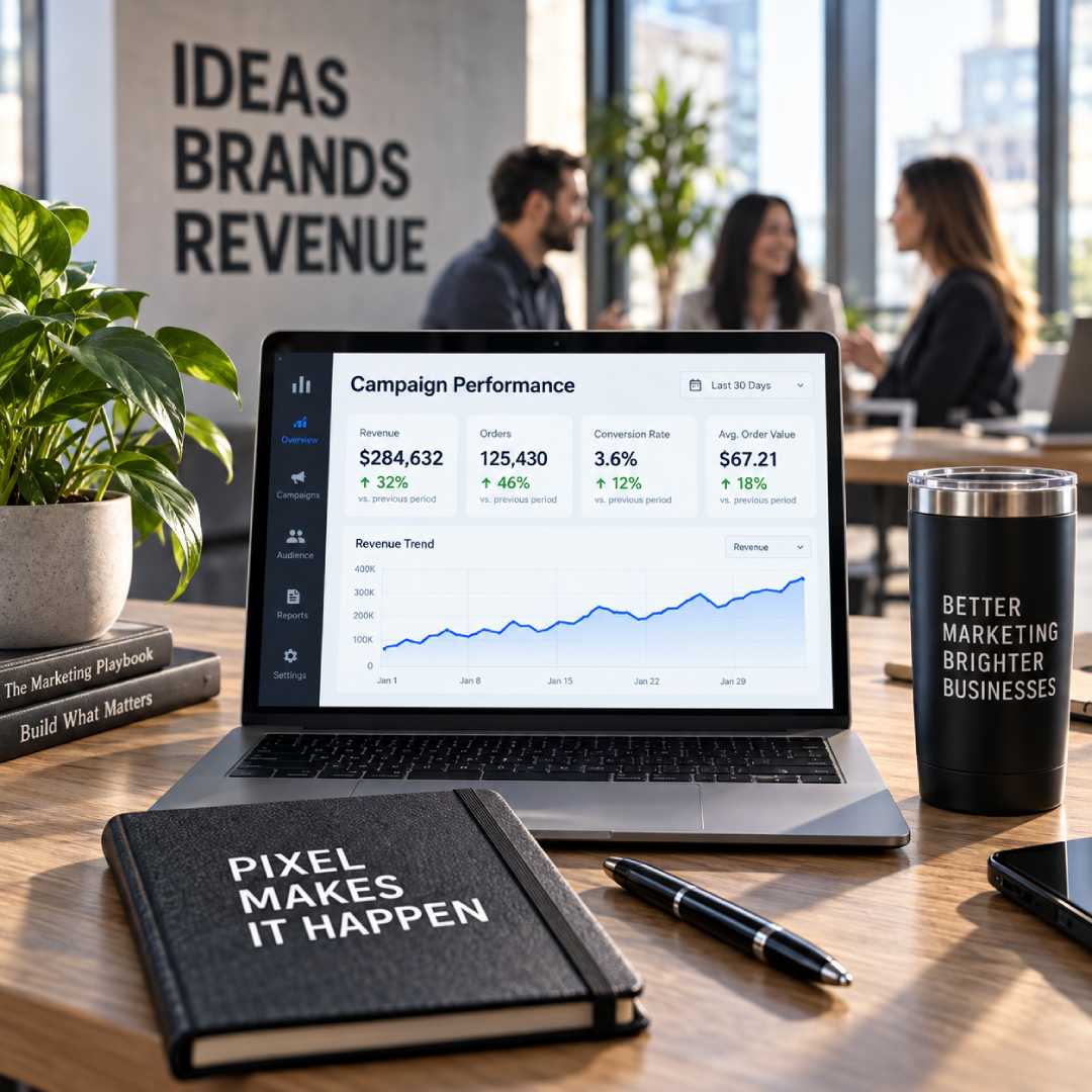 aptop showing positive campaign performance dashboard with upward revenue trends on a desk. Pixel Commercial Studio.