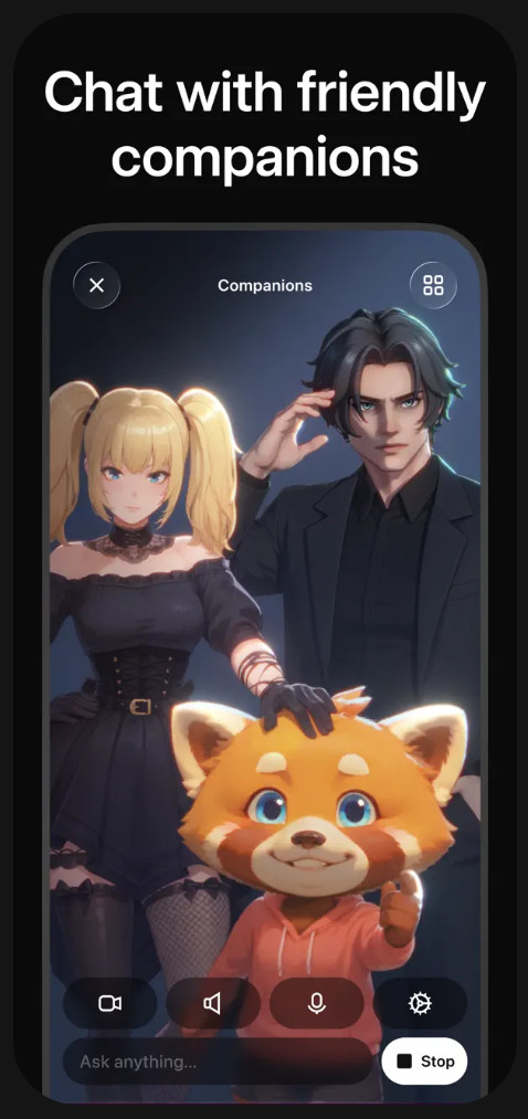 A mobile app displays diverse animated AI companions in a chat interface, including a red panda.