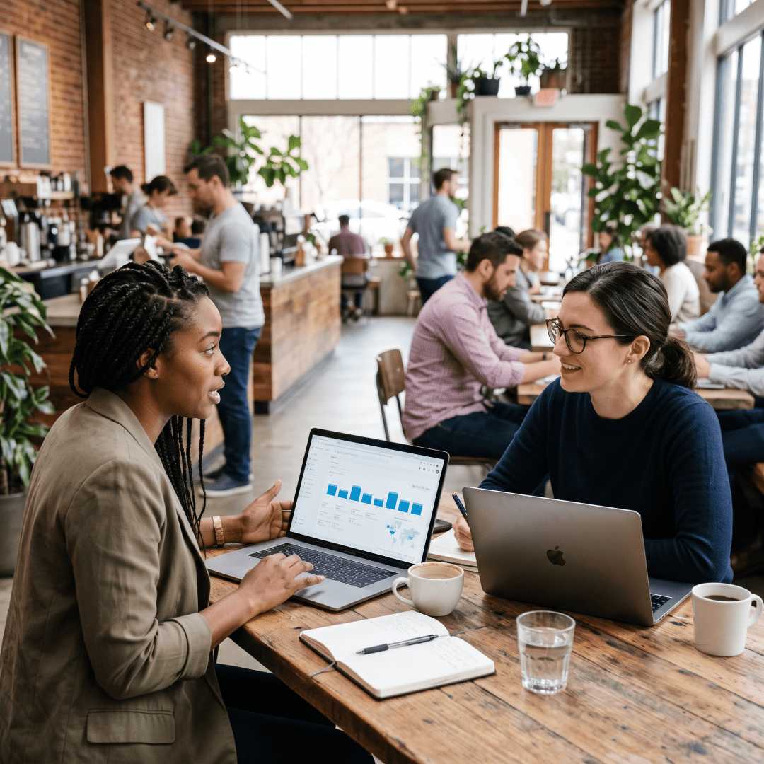 Digital marketing consultant presenting performance metrics to a business client using laptops.