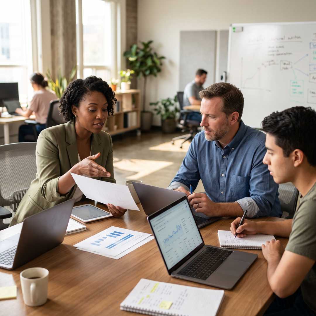 Female marketing consultant explaining printed report data to two male colleagues with open laptops.