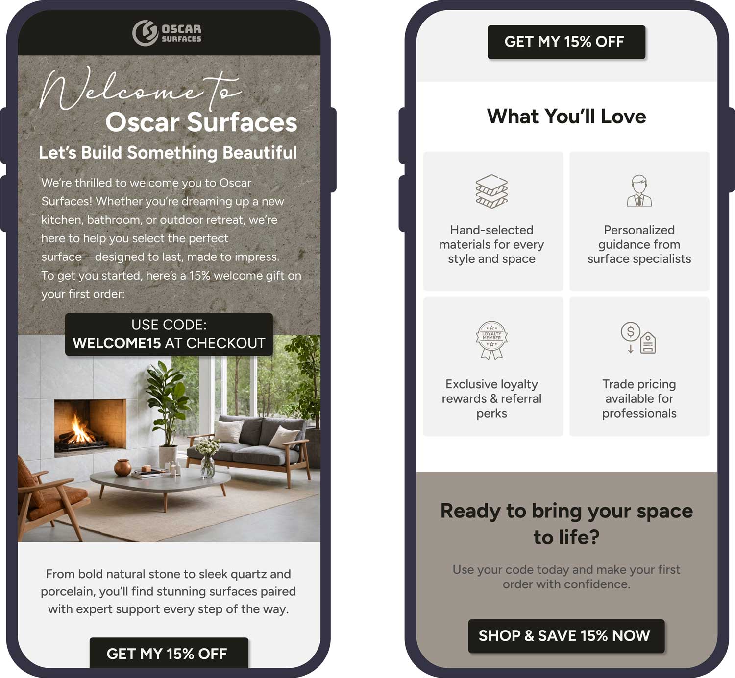 Mobile interface showing a welcome discount code and loyalty rewards for Oscar Surfaces ecommerce brand.
