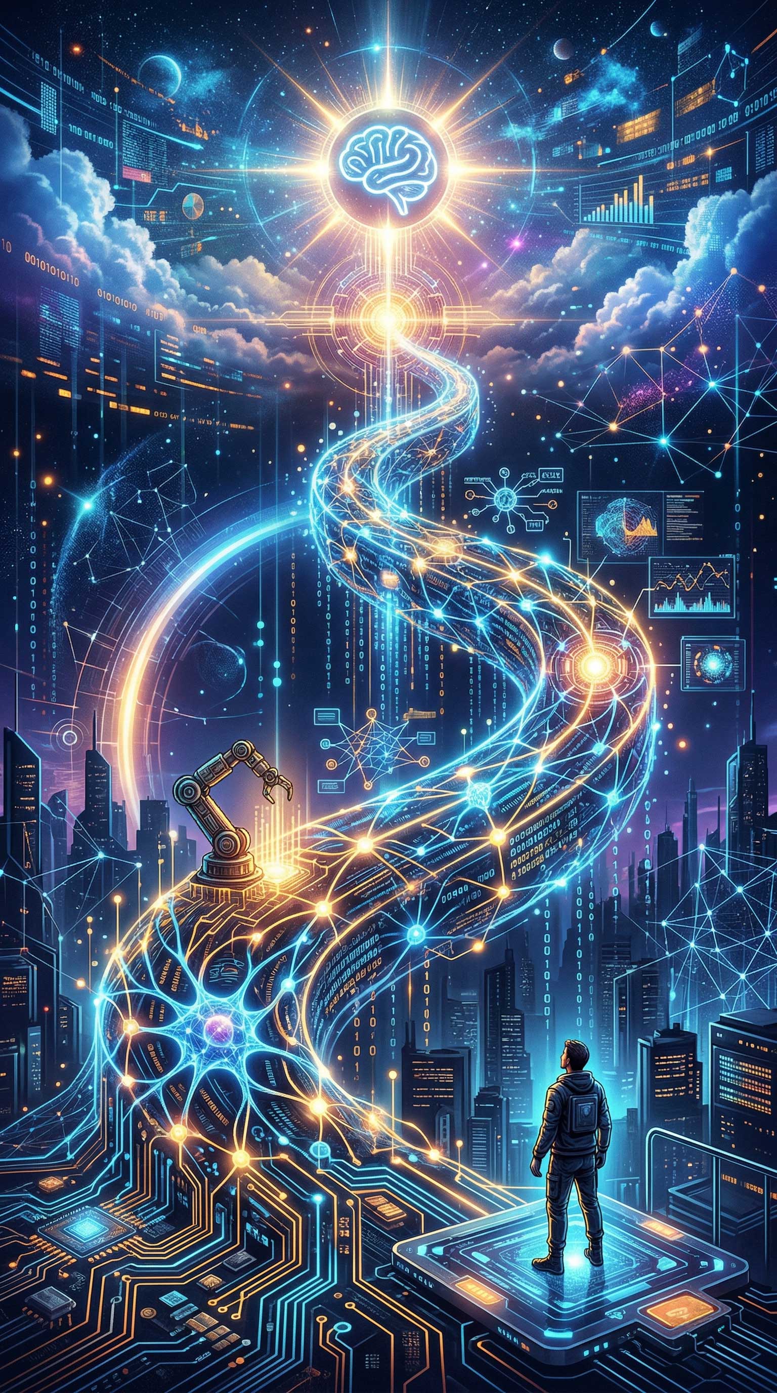 Futuristic digital highway leading to a glowing AI brain over a high-tech city with a lone observer.