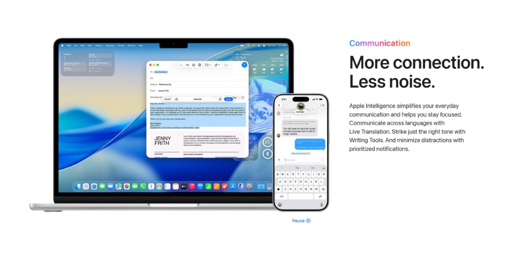 An image showcasing a MacBook and iPhone using Apple Intelligence for communication, writing tools, and noise reduction.