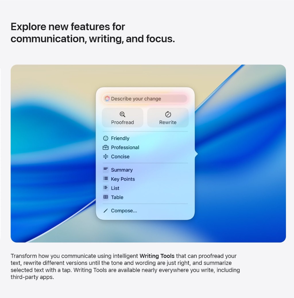 Screenshot of Apple Intelligence Writing Tools menu with options for proofread, rewrite, summary, and tone adjustments.