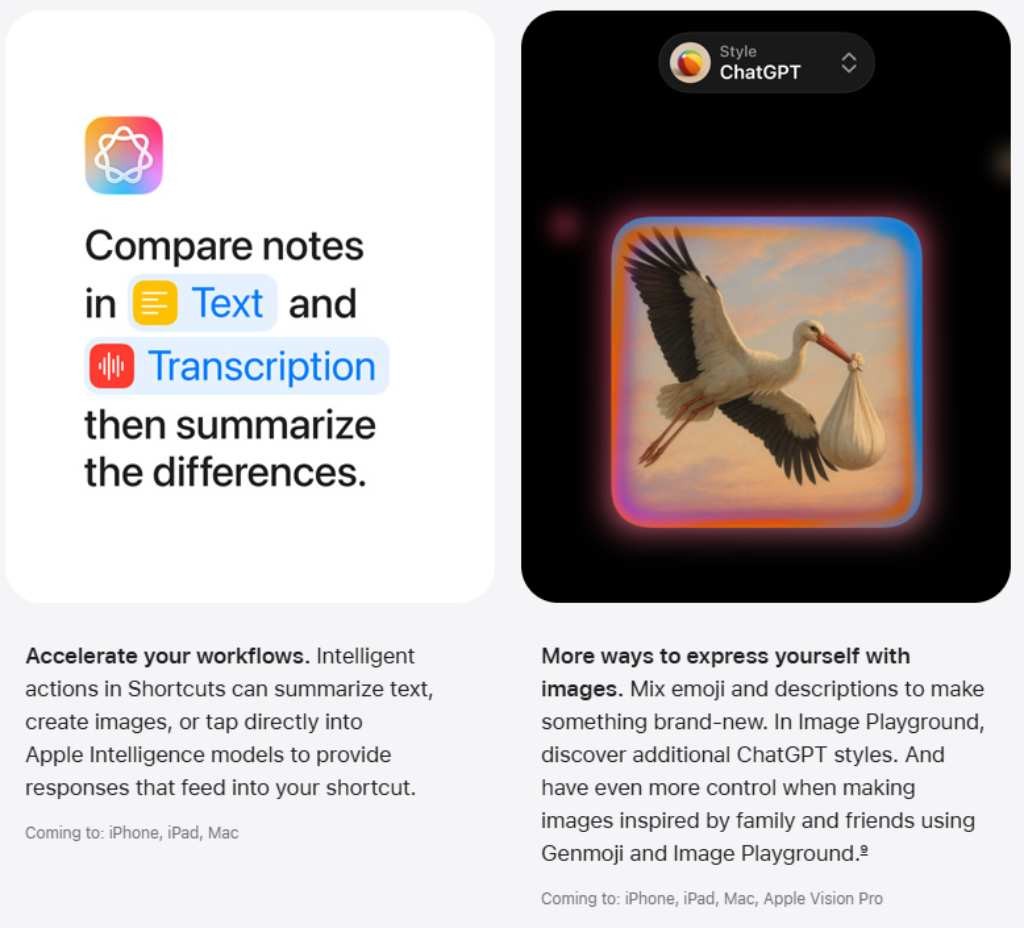 Two panels demonstrating Apple AI's ability to summarize differences in notes and create images using Image Playground.