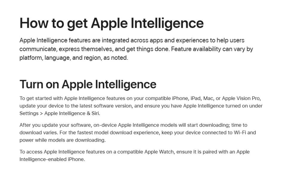 How to get Apple Intelligence" from official documentation, detailing setup on Apple devices.