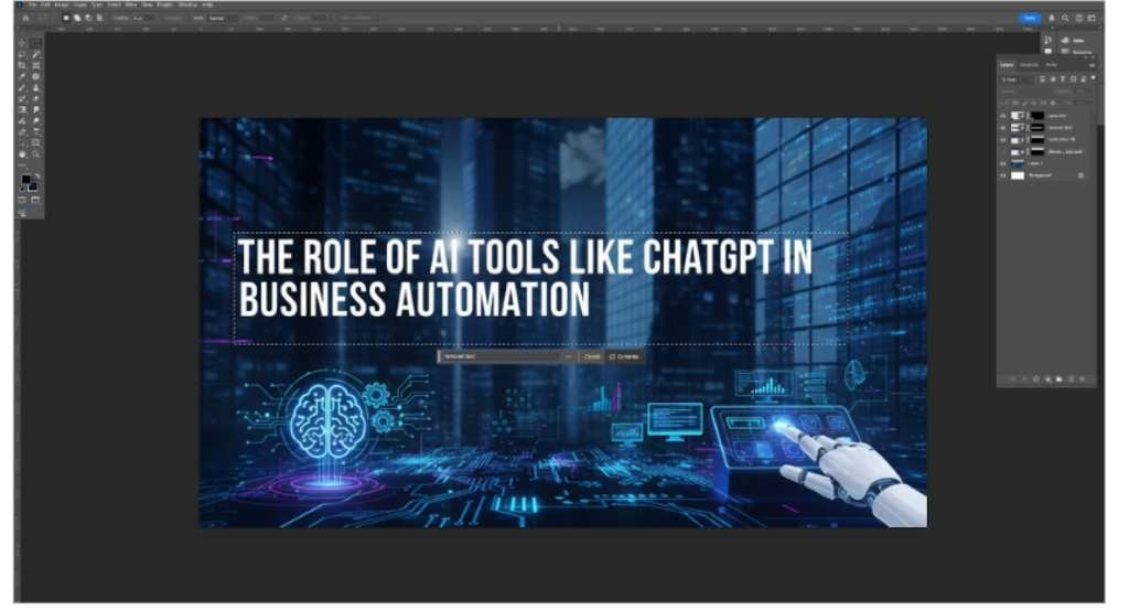 Graphic design software displaying a title card: "THE ROLE OF AI TOOLS LIKE CHATGPT IN BUSINESS AUTOMATION."