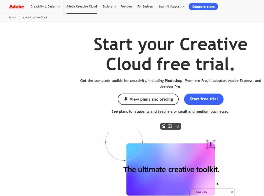 Adobe Creative Cloud website offering a free trial for their ultimate creative toolkit.