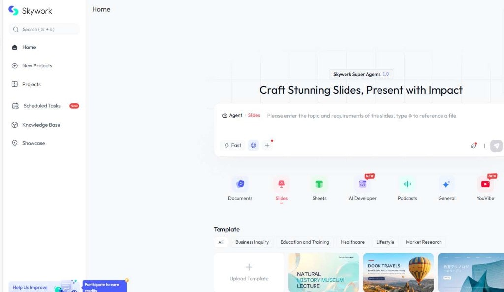 Skywork Super Agents 1.0 dashboard for creating AI-powered slides.