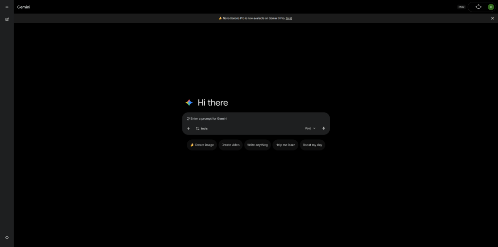 Screenshot of the dark-mode Gemini AI interface, ready for a new prompt and showing multi-modal AI tools.