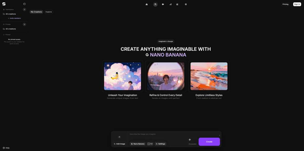 Nano Banana interface for AI image generation, featuring three example creative visuals and a prompt bar.