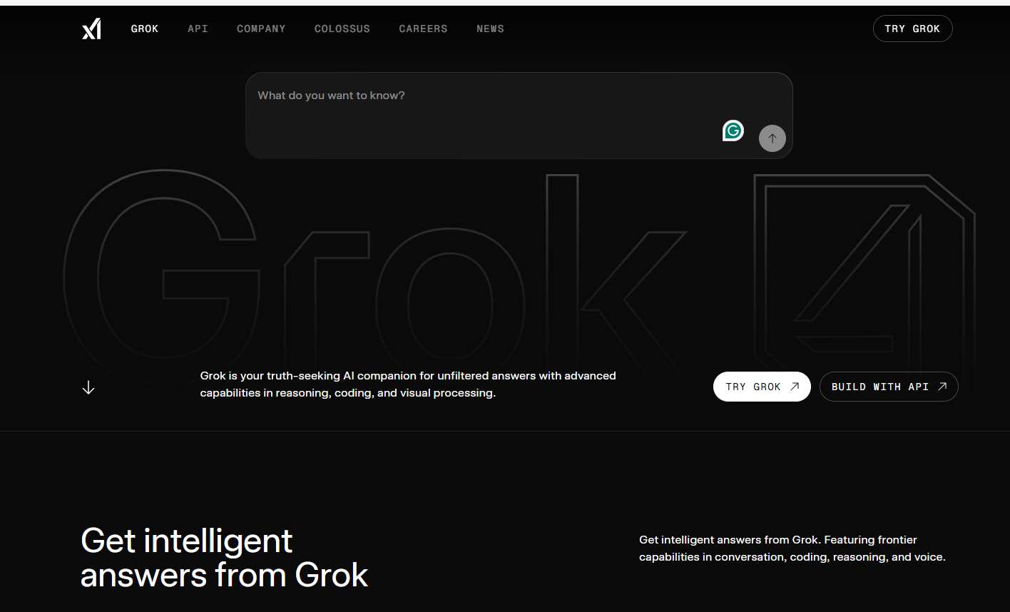 Screenshot of Grok AI's dark-themed homepage with search bar and key features.