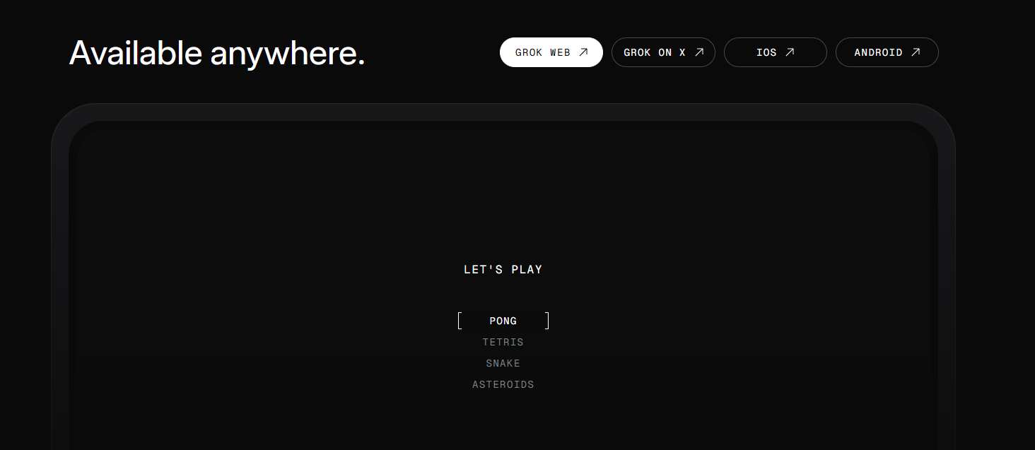 Screenshot showing Grok AI's availability options (Web, X, iOS, Android) and a "Let's Play" section with classic video games.
