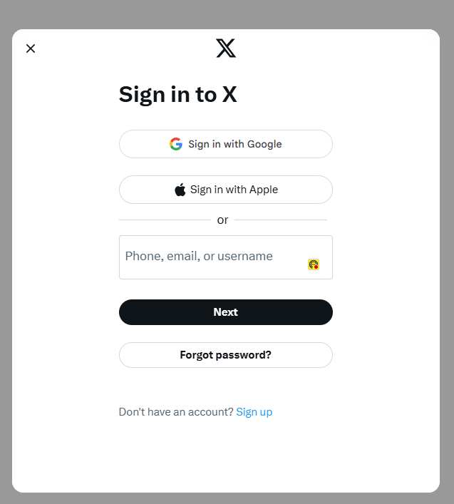 Screenshot of the X sign-in screen with options for Google, Apple, or email/phone number login.