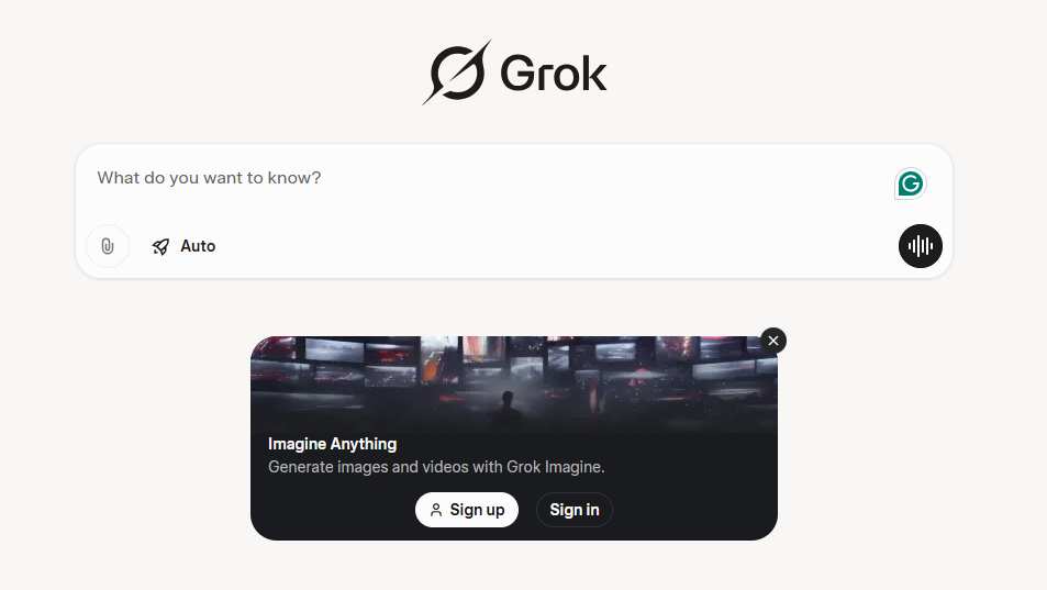 Screenshot of Grok AI's clean chat interface with a prompt box and a popup advertising the "Grok Imagine" image and video generation tool.