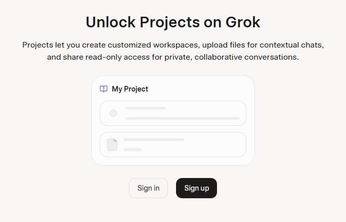 creenshot detailing Grok's "Projects" feature, which enables customized workspaces, file uploads, and collaborative chats.