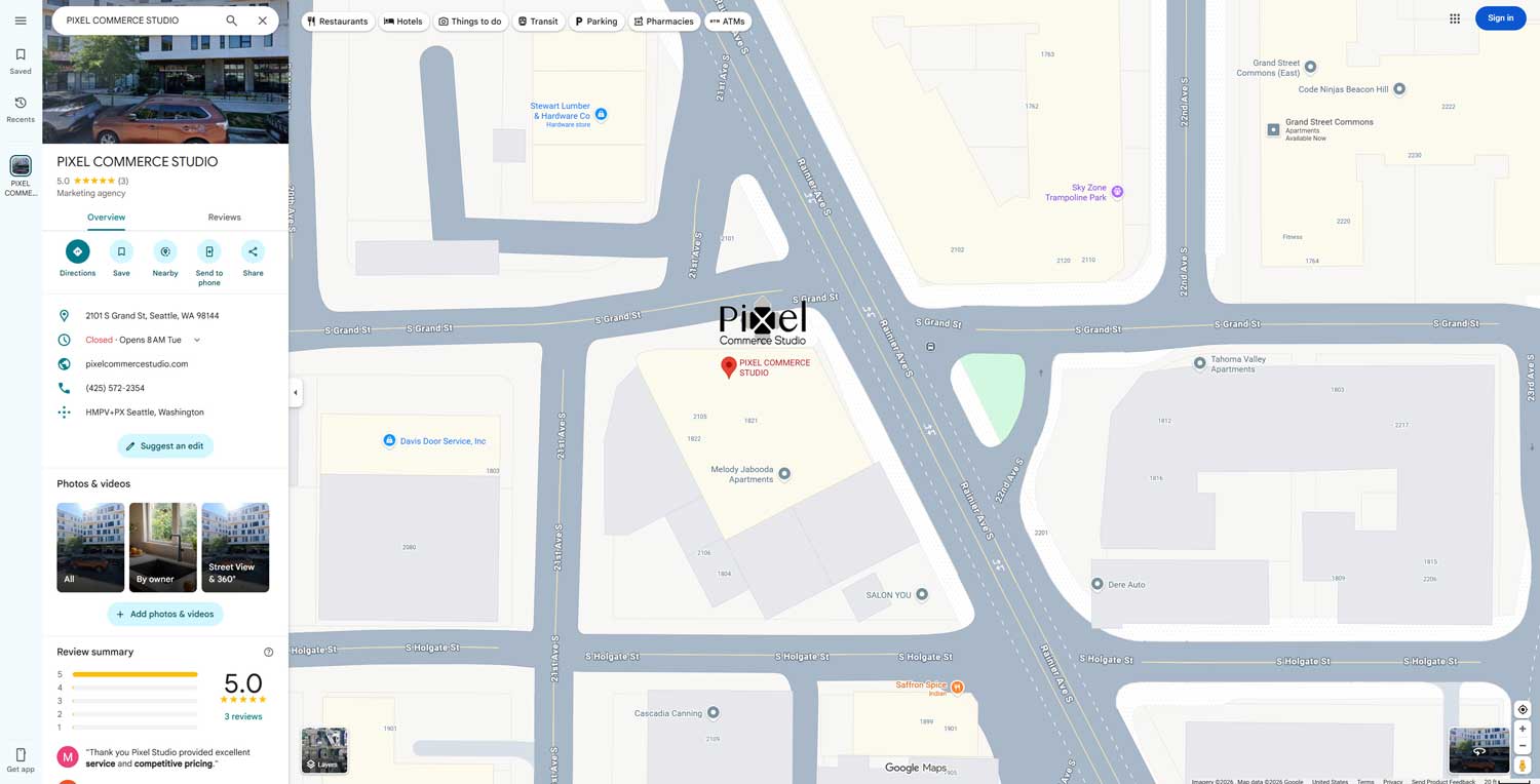 Google Maps interface showing Pixel Commercial Studio’s business location in Seattle with a 5.0-star review rating.