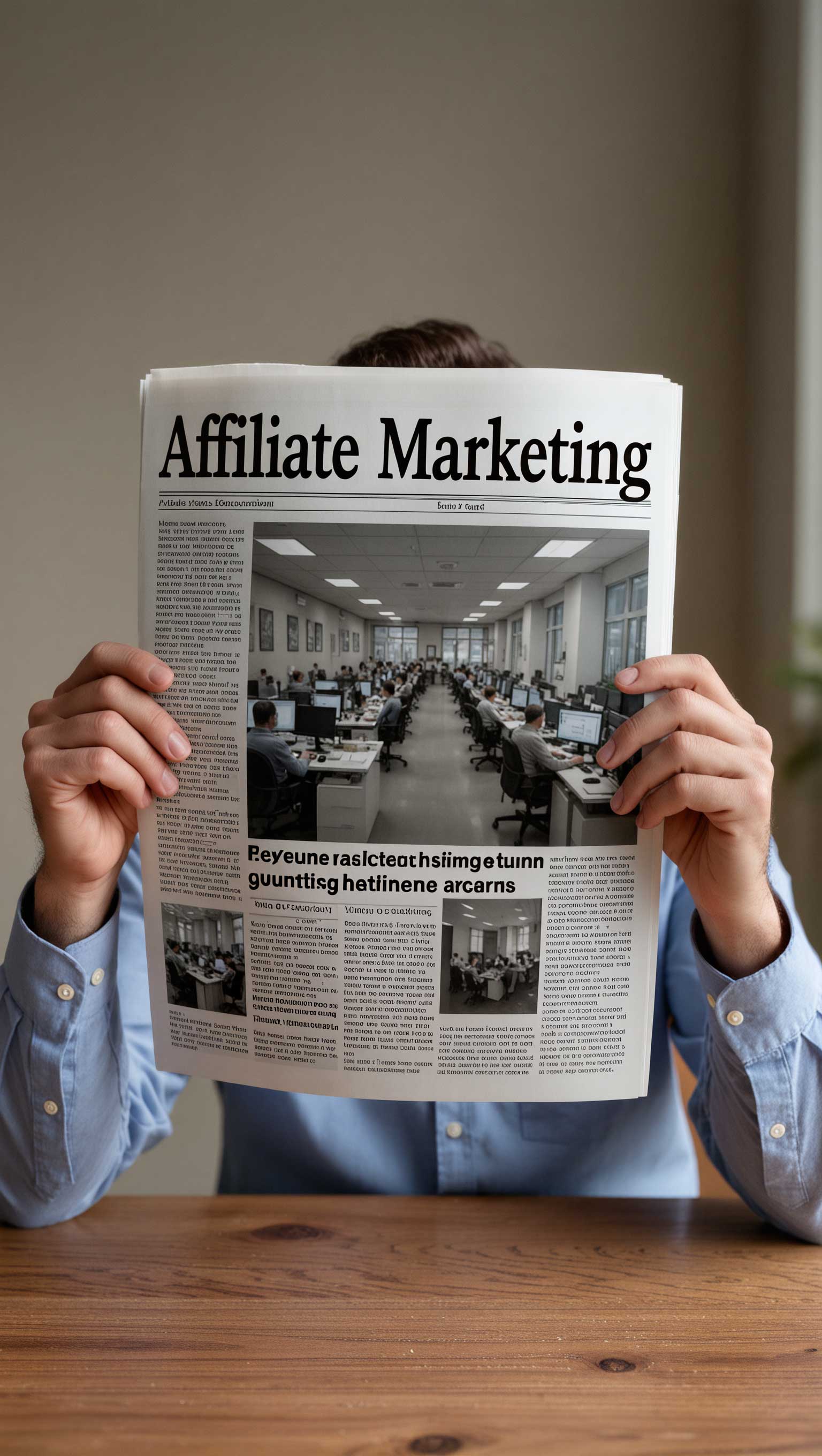 A conceptual image shows a newspaper with the headline Affiliate Marketing and a busy office scene inside