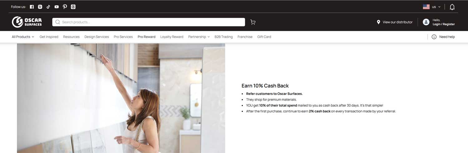 The Oscar Surfaces referral program demonstrates how High Ticket Affiliate Marketing rewards partners for premium material sales.