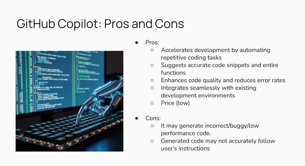 A presentation slide outlining the pros and cons of GitHub Copilot, with an image of a robotic hand typing on a keyboard in front of screens displaying code.
