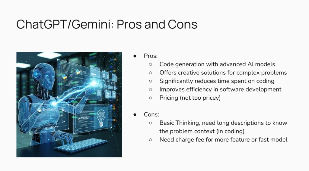 A presentation slide listing the pros and cons of ChatGPT and Gemini, featuring an image of a humanoid robot interacting with futuristic data interfaces and code.