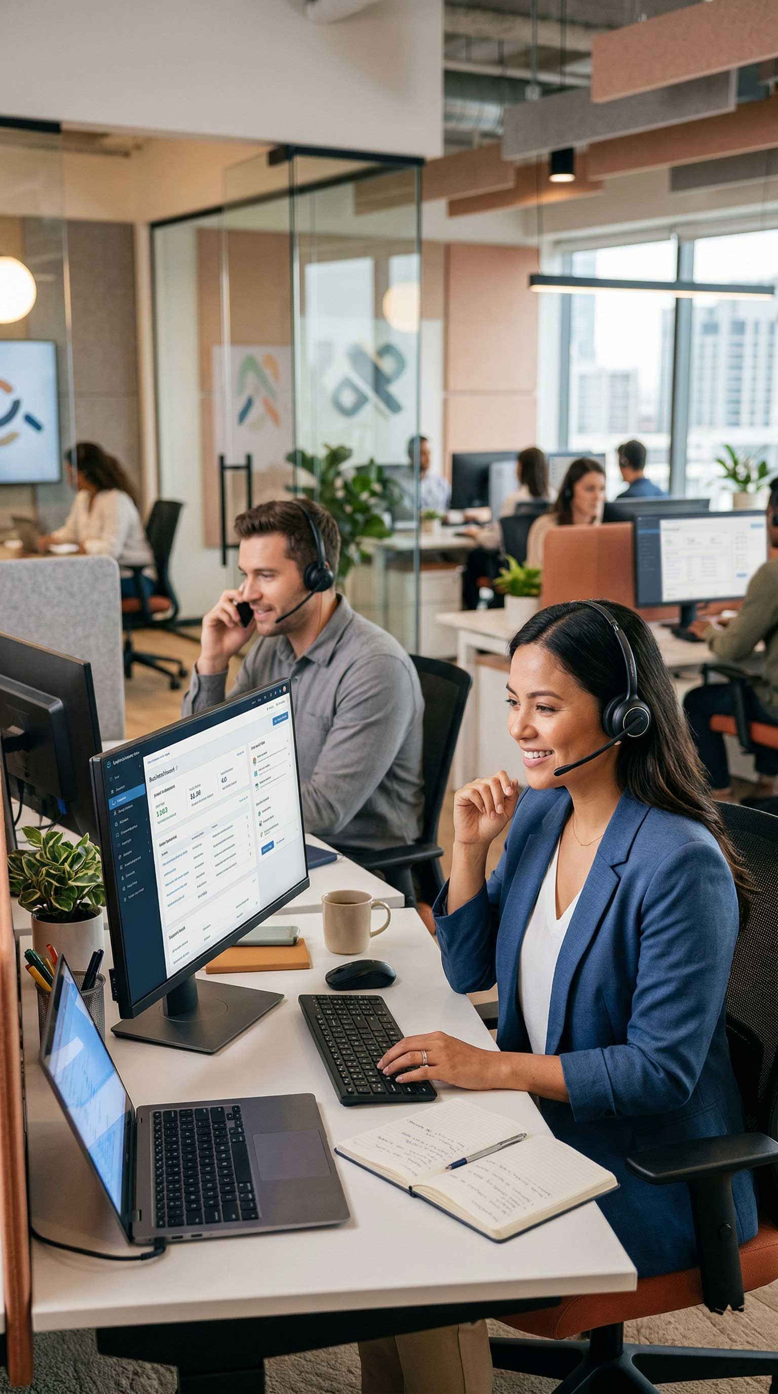 A professional woman with a headset smiles while using a CRM dashboard to provide expert B2B customer support.