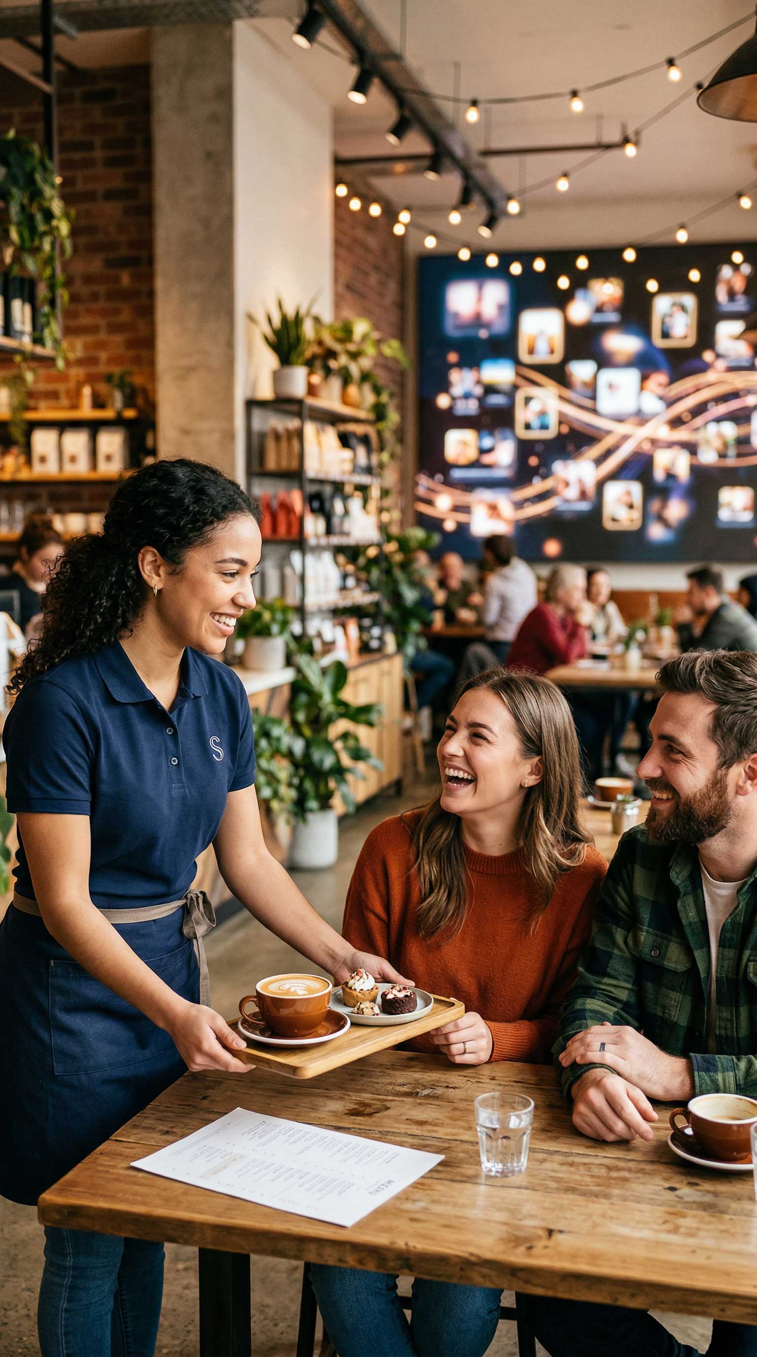 A smiling server delivers coffee and treats to happy customers in a cafe, showcasing successful B2B service outcomes.