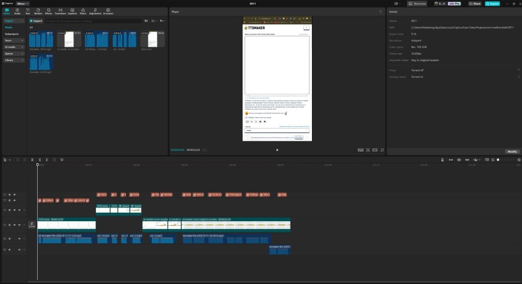 A screenshot of video editing software, showing a timeline with multiple clips and an integrated AI text-to-speech tool being used.