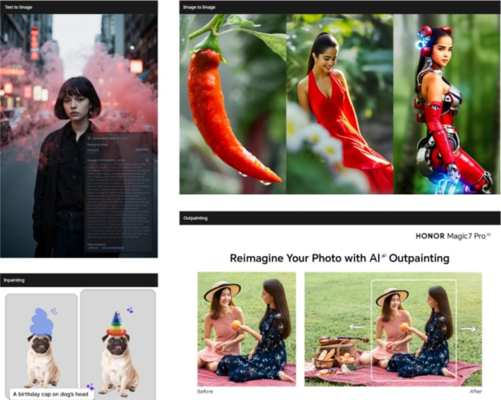 A collage showcasing AI image generation features like text-to-image, image-to-image, inpainting to add a hat to a dog, and outpainting to expand a picnic scene.