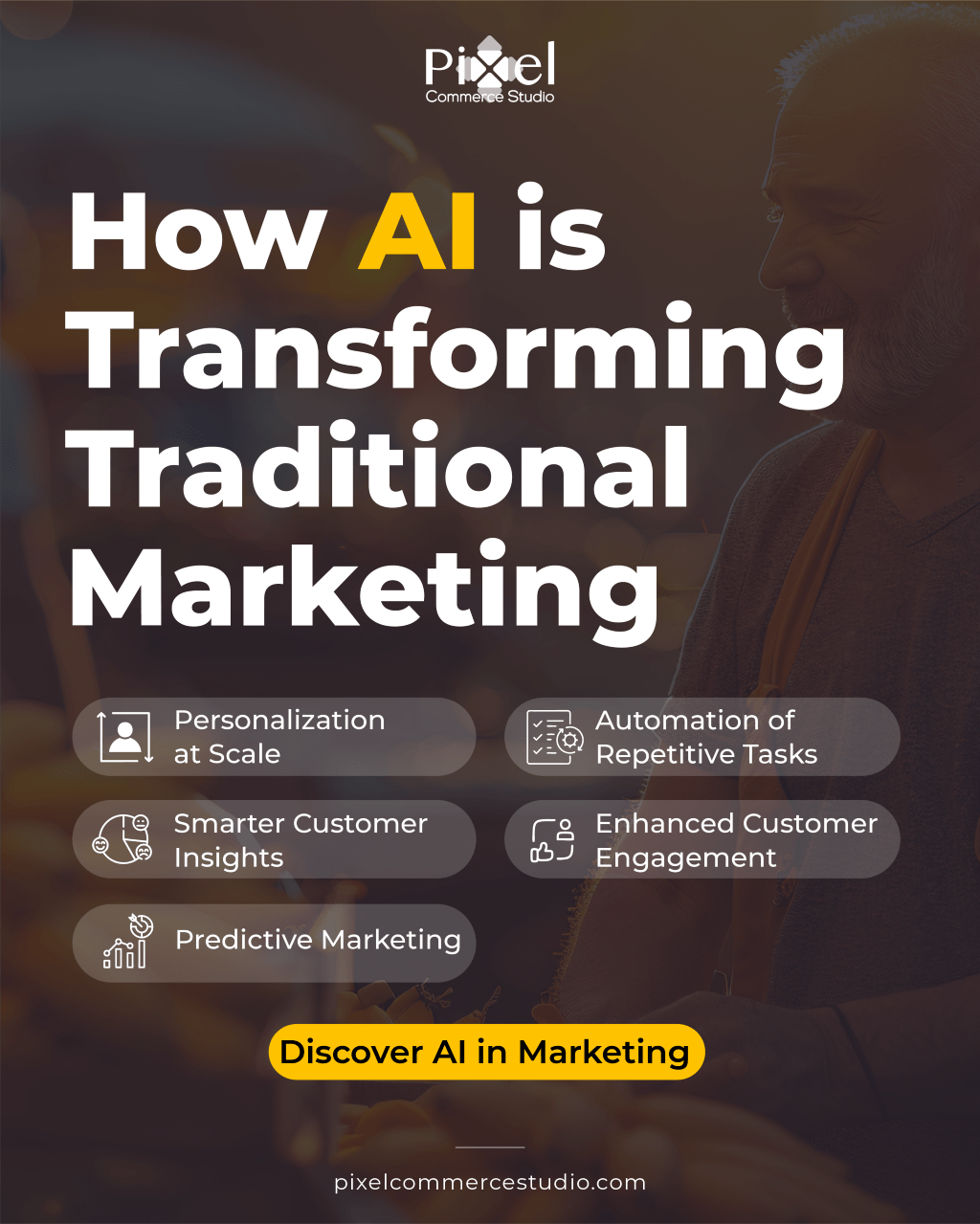 An infographic explaining 'How AI is Transforming Traditional Marketing', highlighting five key areas: Personalization at Scale, Smarter Customer Insights, Predictive Marketing, Automation of Repetitive Tasks, and Enhanced Customer Engagement.