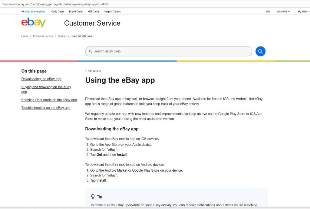 Source: eBay. Customer service page titled "Using the eBay app" with instructions for iOS and Android downloads.