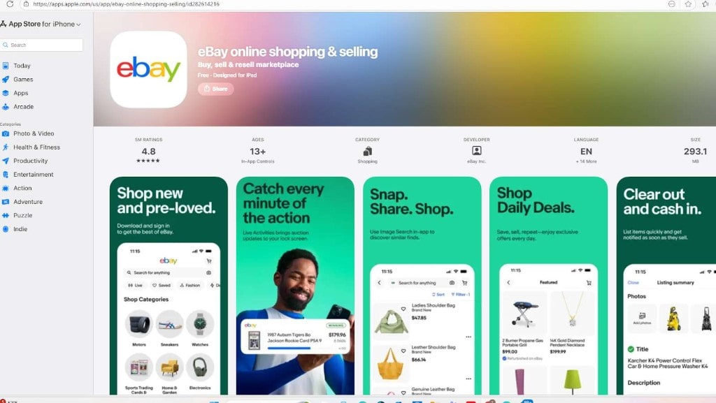 Source: Apple App Store. eBay app download page showing 4.8-star rating and "Snap. Share. Shop." feature preview.
