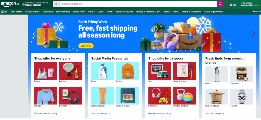 Amazon. Homepage featuring Black Friday Week deals, fast shipping offers, and trending product categories.