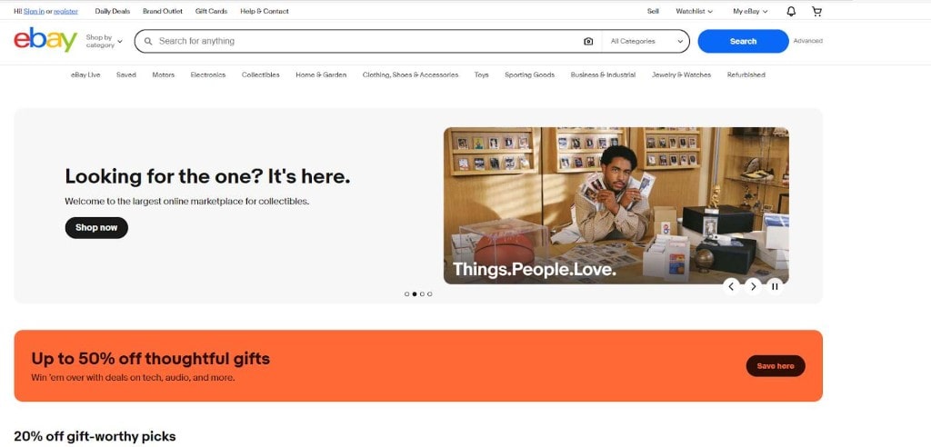 Homepage screenshot featuring a search bar and a promotional banner for collectibles and gifts.