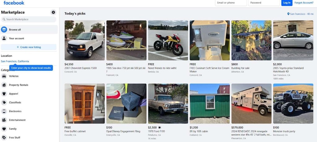 Screenshot of Facebook Marketplace showing various items for sale, including vehicles, furniture, and unique products.