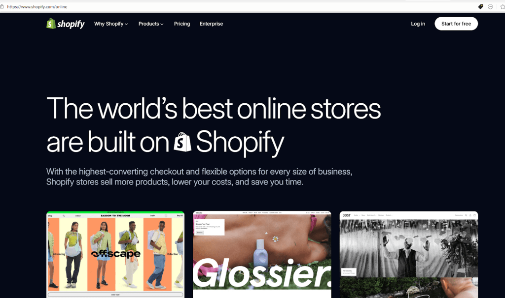 Source: Shopify. Homepage showcasing famous brands like Glossier and the 