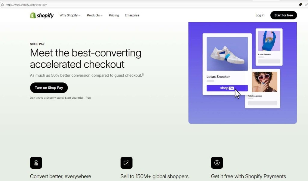 Source: Shopify. Shop Pay landing page highlighting 