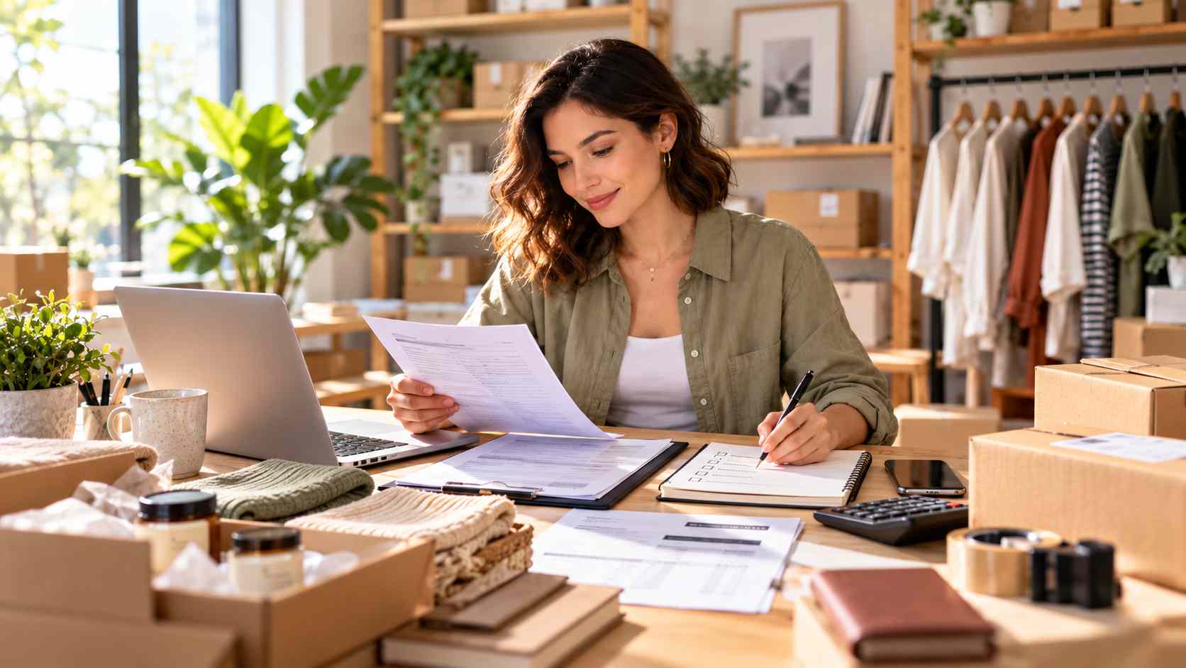 E-commerce business owner checking order documents and organizing inventory in a brightly lit studio space.
