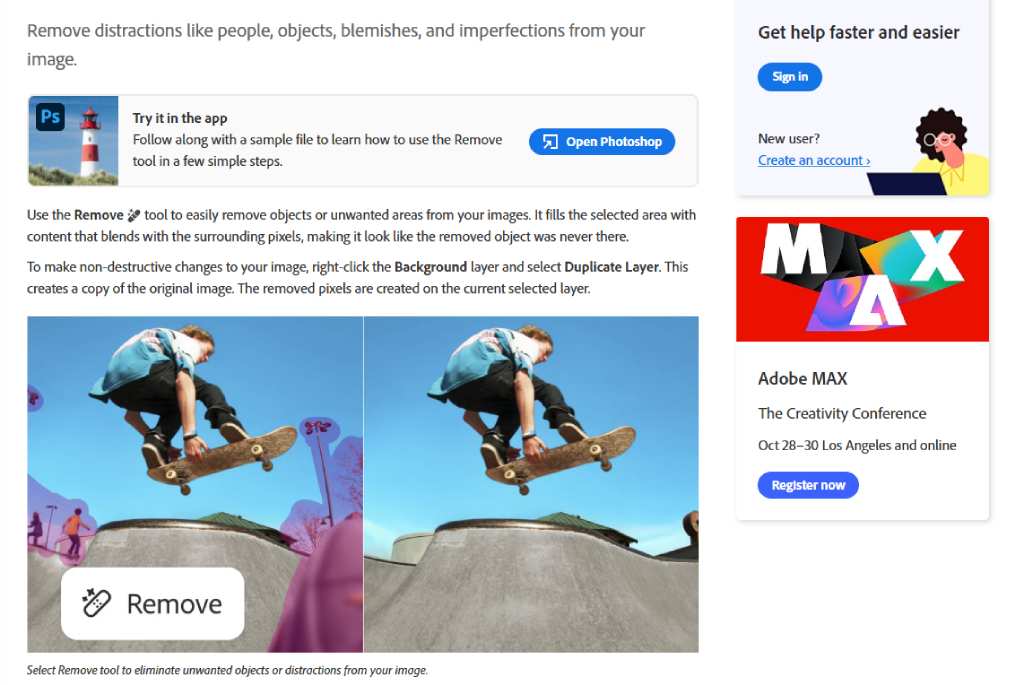 Photoshop AI Remove Tool comparison: Original image (left) with background distractions vs. Retouched image (right) clean.